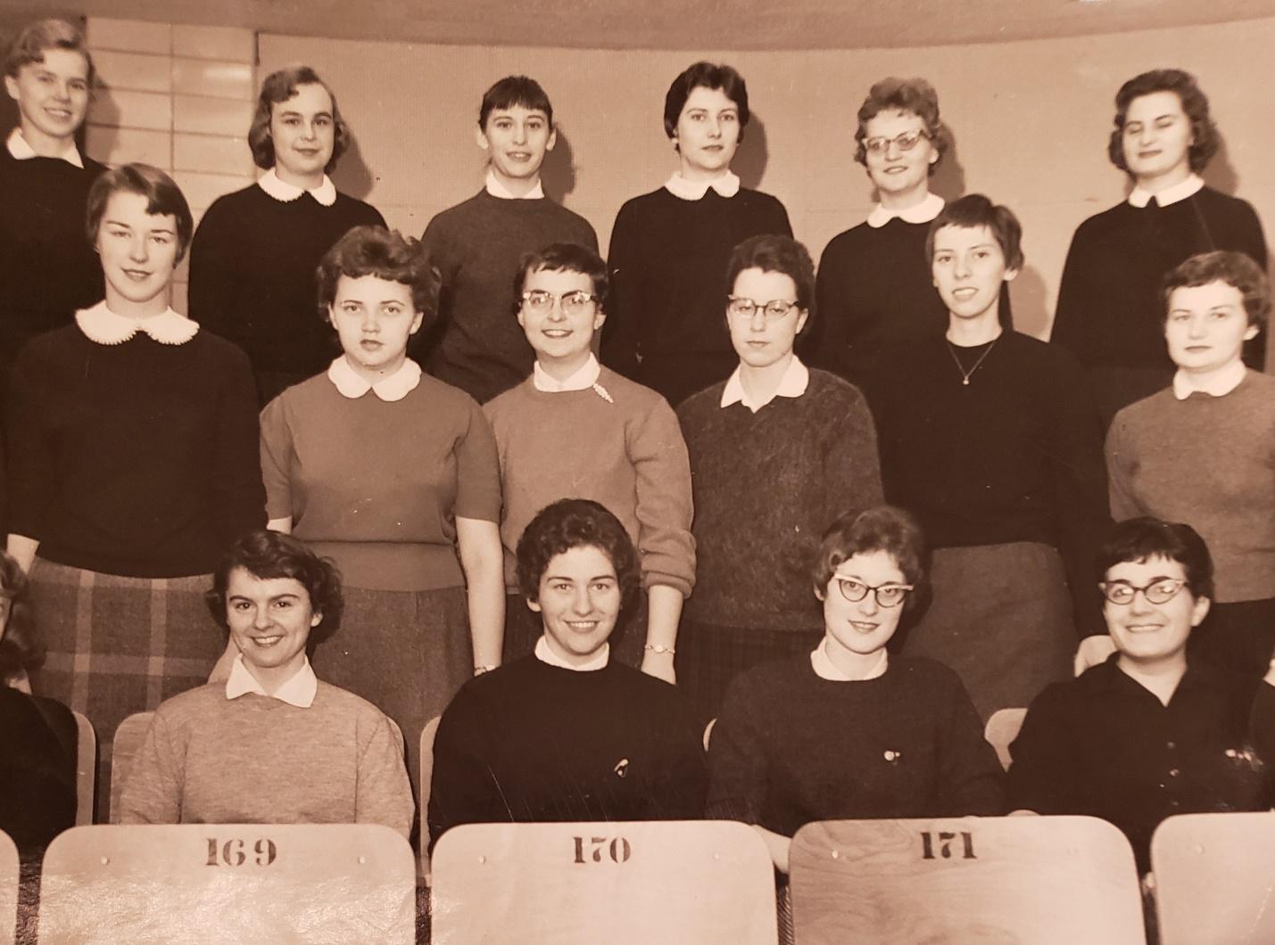 Libby Schwartz (front row far right) , with members of the women’s professional pharmacy fraternity, Kappa Epsilon at UW-Madison in 1960.