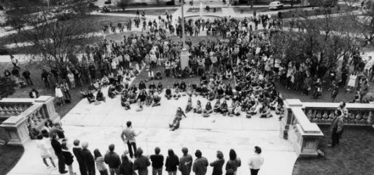 A croud of students at a protest on Library Mall at the UW-Madison Campus