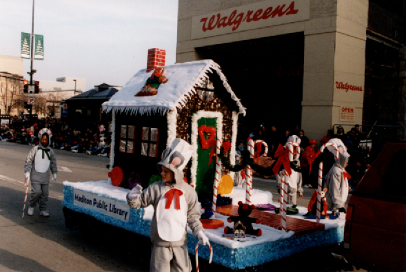 Photo of Madison Public Library holiday parade float, 1990s 