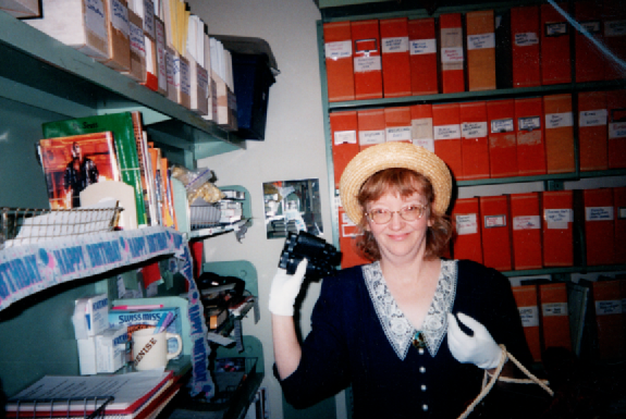 Photo of Chris Wagner dressed up as Miss Marple for Mystery Book Party, 1990s