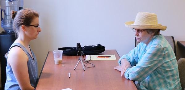 Photograph of Sally Dussere with interviewer