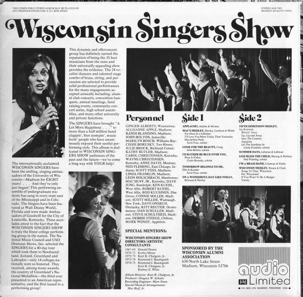 Back cover for Wisconsin Singers album, "Once in a Lifetime"