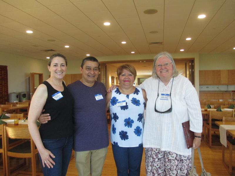 Jenny Beatty, Antonio and Estella Portillo and Meg Skinner at a Sanctuary reunion in Madison in 2015. Meg was the first coordinator of the Madison Sanctuary Site and continued helping with the many activities needed to support the "Gonzalez" family after Jenny took over the coordinator job.